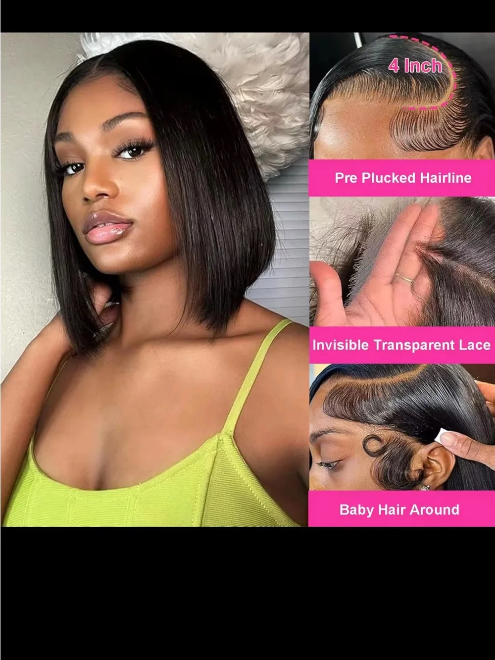 5x5 Glueless 10inch 220% density 1b#Natural Straight Bob Wig - Black